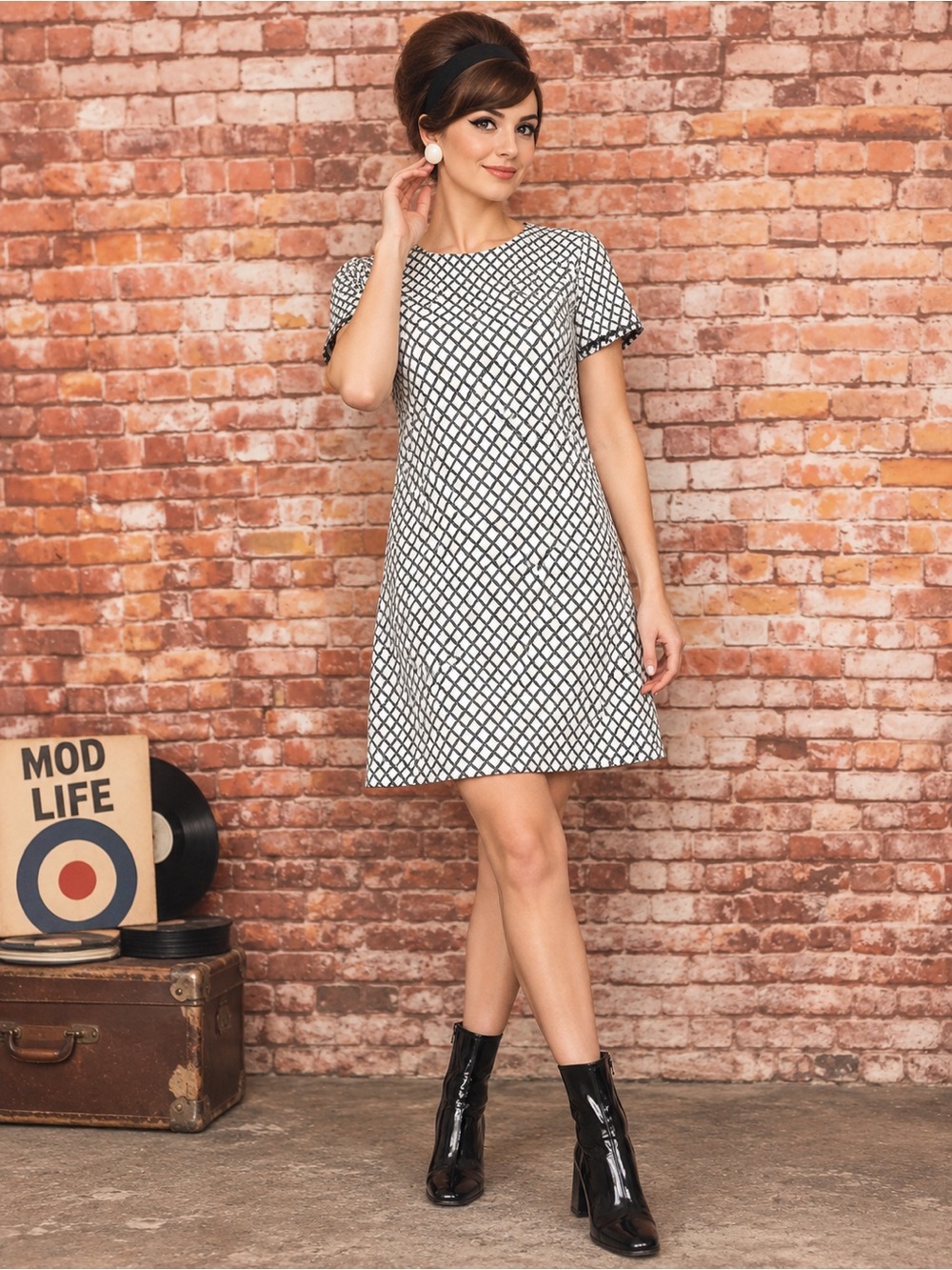 Calvin Klein Retro Windowpane Check Sleeved Black and White Midi Dress